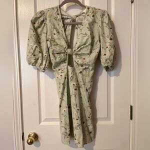 H&M Light Green Cotton Linen Wildflower Floral Mini Dress Small